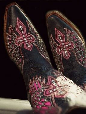 Corral Black Distressed Blingy Leather Cowboy Boots with Pink Embroidery
